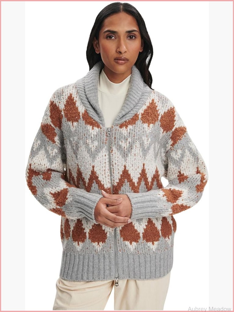 Brockley Jacquard Knit Jacket Collared Neck Pull On Zipper Relaxed Fit